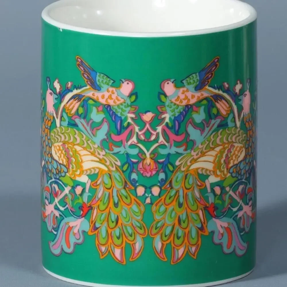 2 WILLIAM MORRIS Coffee Mugs Peacock Floral Cups Red Green Pink Bird Ornate